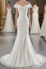 Long Mermaid Lace Off Shoulder Lace-up Wedding Dress