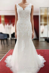 Long Mermaid Lace Sweetheart Open Back Wedding Dress with Appliques Lace