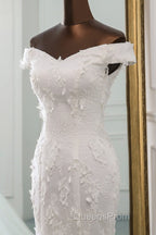 Long Mermaid Off Shoulder Lace-up Applique Lace Wedding Dress