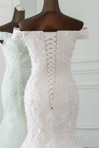 Long Mermaid Off Shoulder Lace-up Applique Lace Wedding Dress