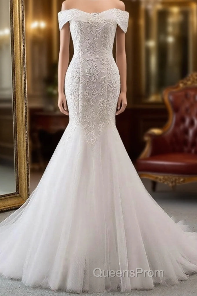 Long Mermaid Off the Shoulder Appliques Lace Tulle Wedding Dress