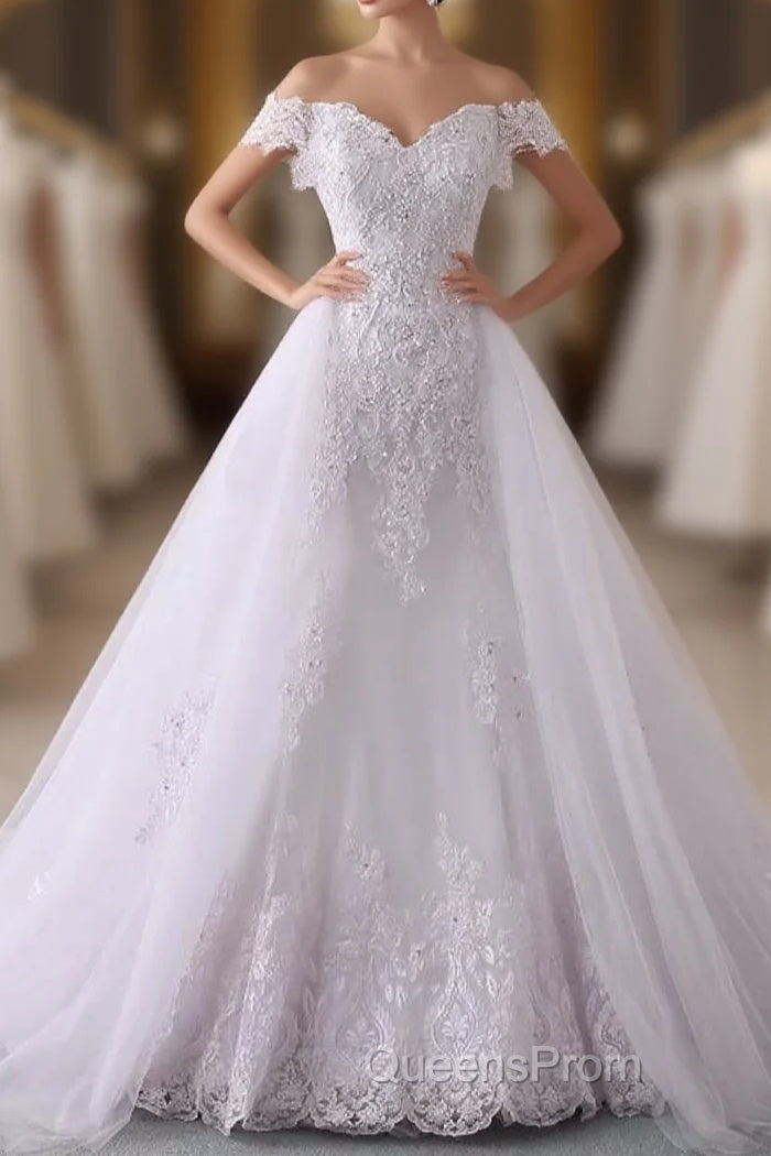Long Mermaid Off-the-Shoulder Lace Tulle White Wedding Dress Main image