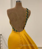 Long Mermaid One Shoulder Beading Backless Evening Prom Dress with Slit