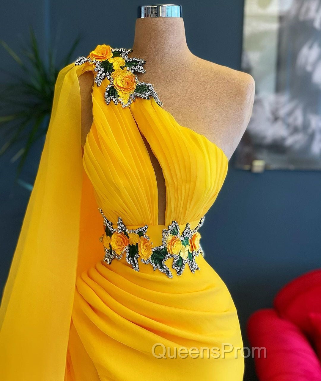 Long Mermaid One Shoulder Beading Tulle Evening Prom Dress with Slit Secondary image