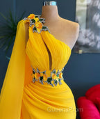 Long Mermaid One Shoulder Beading Tulle Evening Prom Dress with Slit