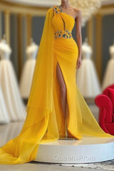 Long Mermaid One Shoulder Beading Tulle Evening Prom Dress with Slit