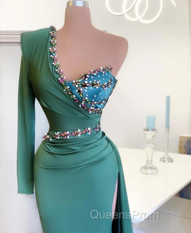 Long Mermaid One Shoulder Front Slit Evening Prom Dress With Sleeves