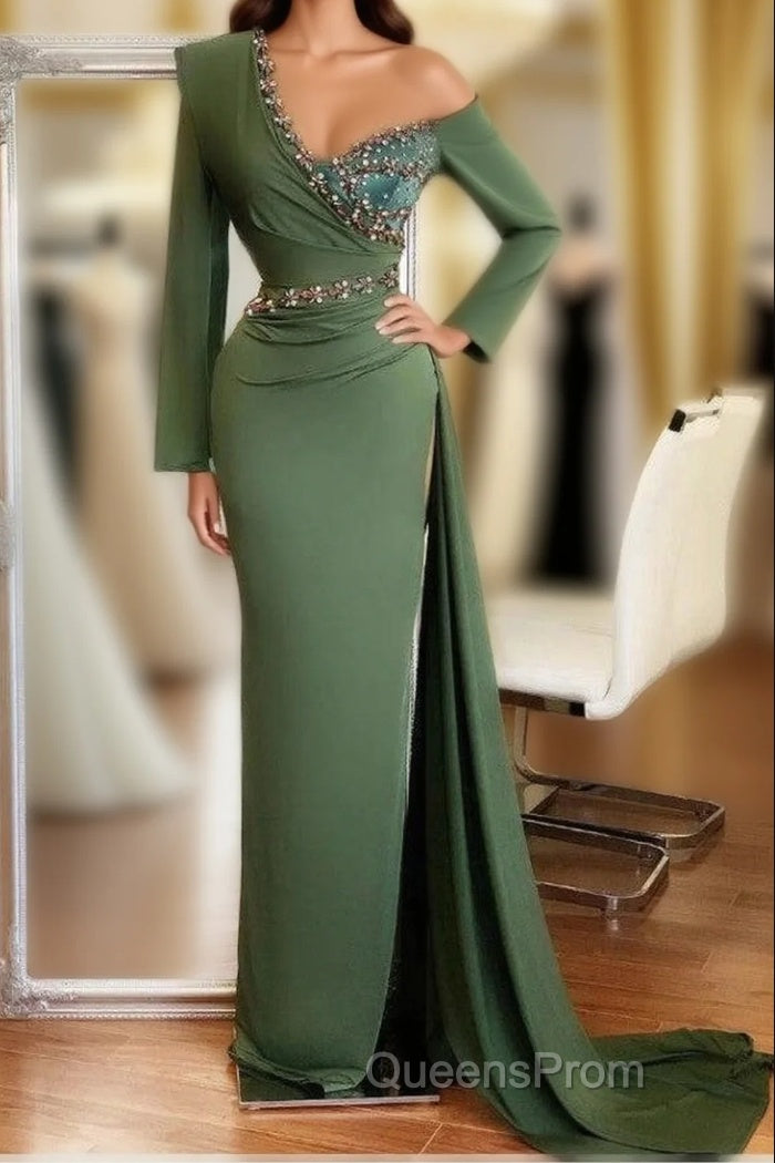Long Mermaid One Shoulder Front Slit Evening Prom Dress With Sleeves Main image