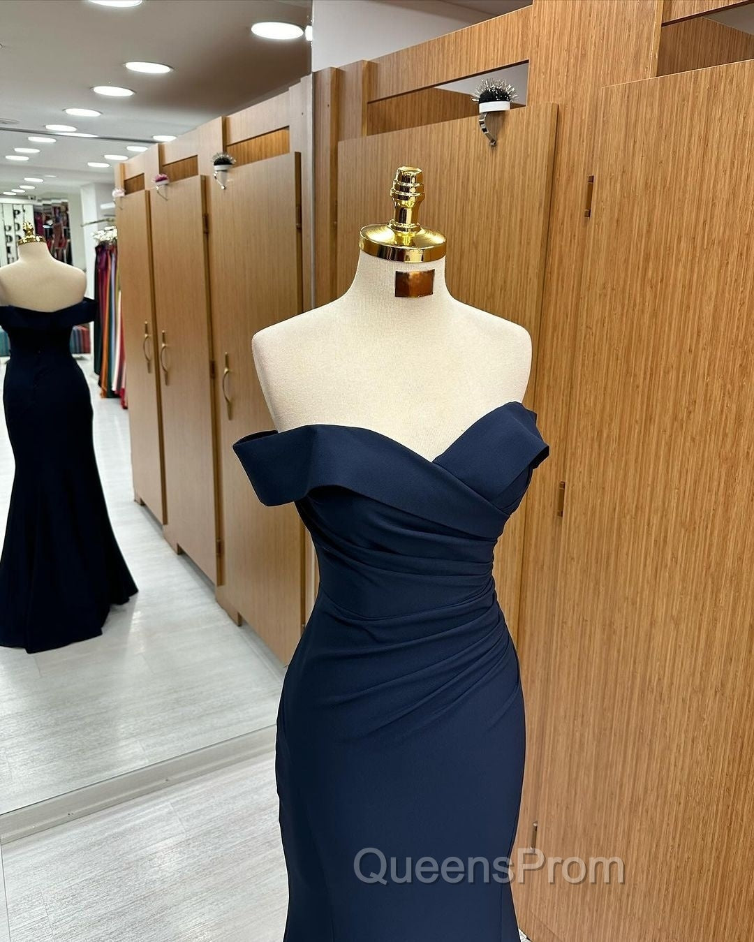 Long Mermaid Evening Prom Dress Navy Blue Off-the-shoulder Sweetheart Sleeveless