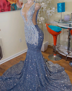Long Mermaid Classy Prom Dress Sparkly Diamond Sheer Scoop Neckline Silver Sequined Black Girl Classy Prom Classy Gowns