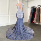 Long Mermaid Classy Prom Dress Sparkly Diamond Sheer Scoop Neckline Silver Sequined Black Girl Classy Prom Classy Gowns