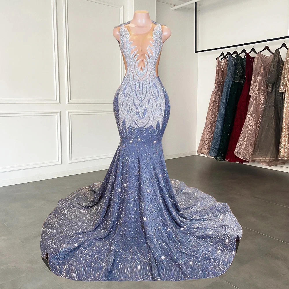 Long Mermaid Classy Prom Dress Sparkly Diamond Sheer Scoop Neckline Silver Sequined Black Girl Classy Prom Classy Gowns