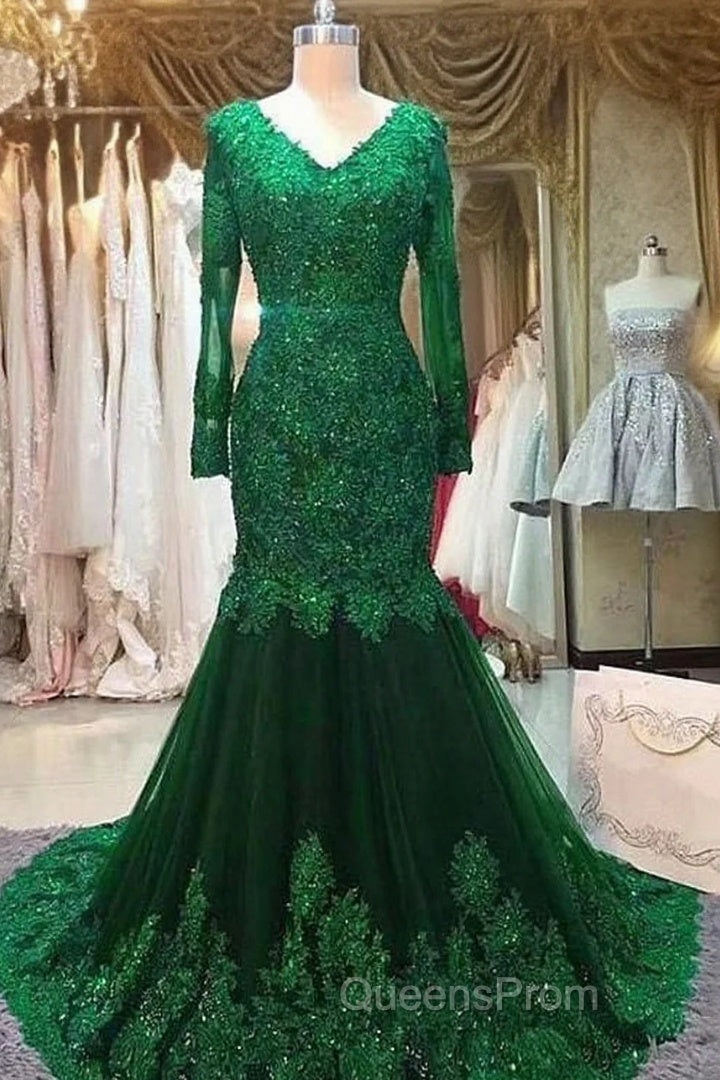 Long Mermaid Sequin Beaded Green Evening Prom Dress With Sleeves Lace Evening Dress Main image