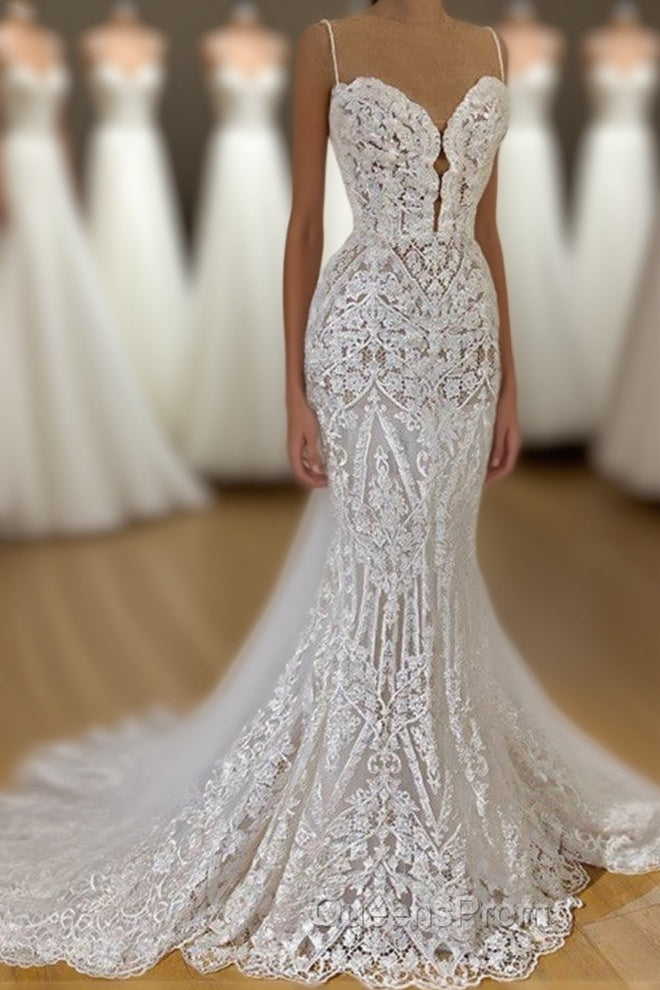 Long Mermaid Spaghetti Straps Appliques Lace Wedding Dress With Cathedral Train Main image