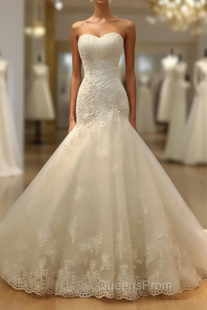 Long Mermaid Strapless Court Train Lace Organza Wedding Dress Main image