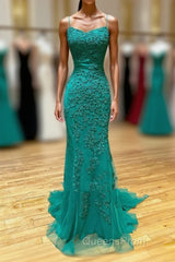 Long Mermaid Strapless Tulle Open Back Lace Formal Evening Prom Dress