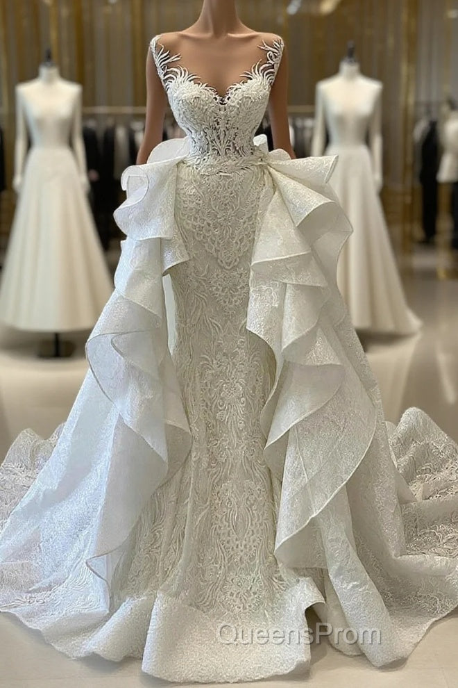 Long Mermaid Sweetheart Appliques Lace Wedding Dress With Detachable Train Main image