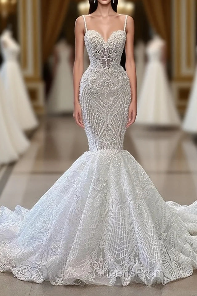 Long Mermaid Sweetheart Spaghetti Straps Tulle Beading Wedding Dress with Ruffles Main image