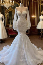 Long Mermaid Sweetheart Strapless Pearls Beadings Lace Wedding Dress with Sleeves