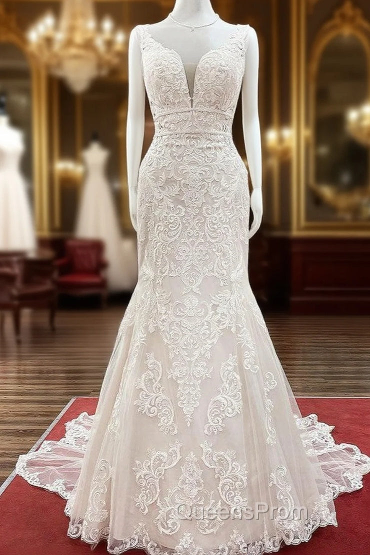 Long Mermaid Tulle Sleeveless Lace Backless Wedding Dress Main image