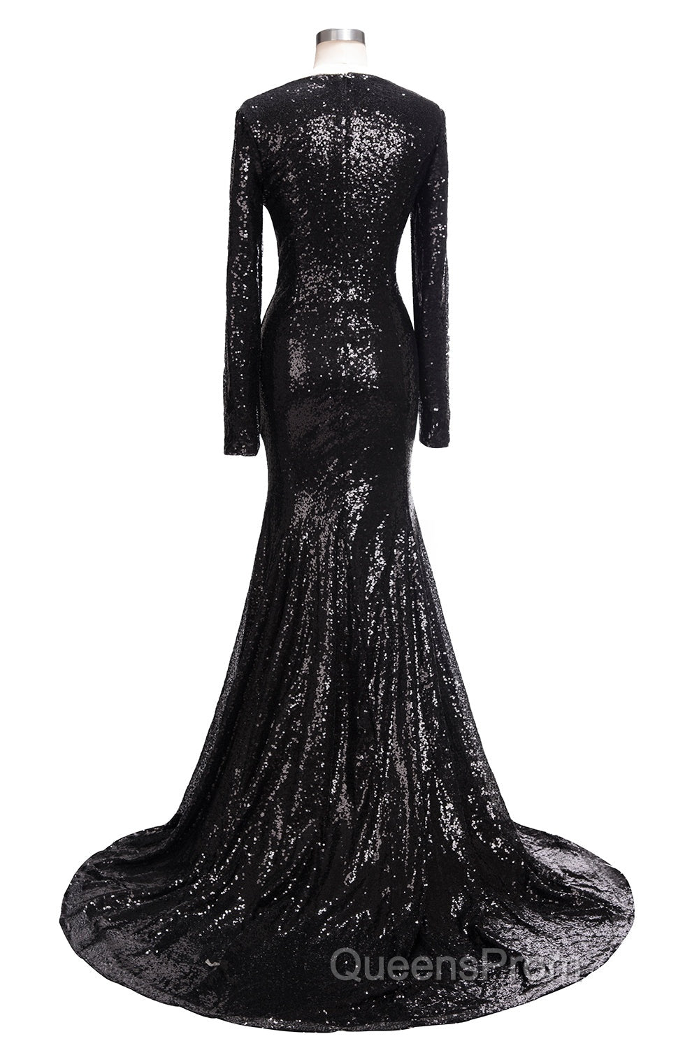 Long Mermaid V-Neck Black Sequins Evening Prom Dress with Sleeves Secondary image