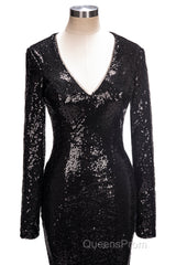 Long Mermaid V-Neck Black Sequins Evening Prom Dress with Sleeves