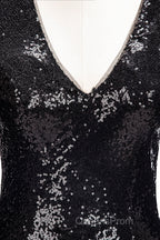Long Mermaid V-Neck Black Sequins Evening Prom Dress with Sleeves
