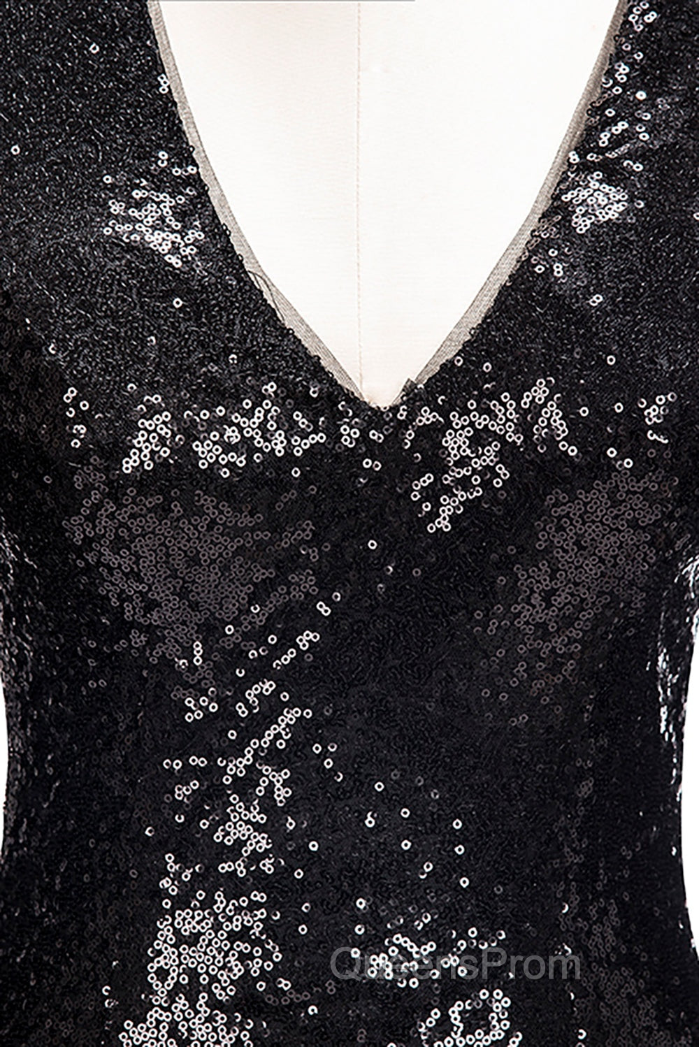 Long Mermaid V-Neck Black Sequins Evening Prom Dress with Sleeves