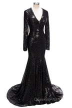 Long Mermaid V-Neck Black Sequins Evening Prom Dress with Sleeves