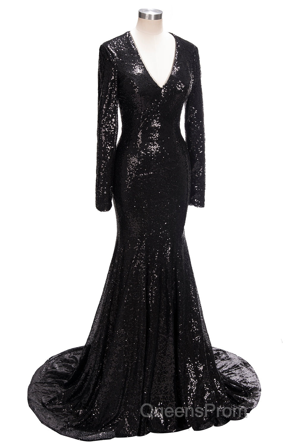 Long Mermaid V-Neck Black Sequins Evening Prom Dress with Sleeves