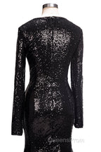 Long Mermaid V-Neck Black Sequins Evening Prom Dress with Sleeves