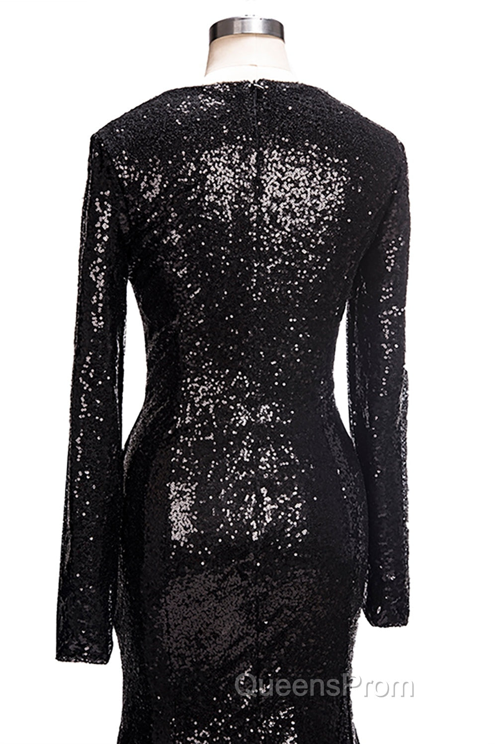 Long Mermaid V-Neck Black Sequins Evening Prom Dress with Sleeves