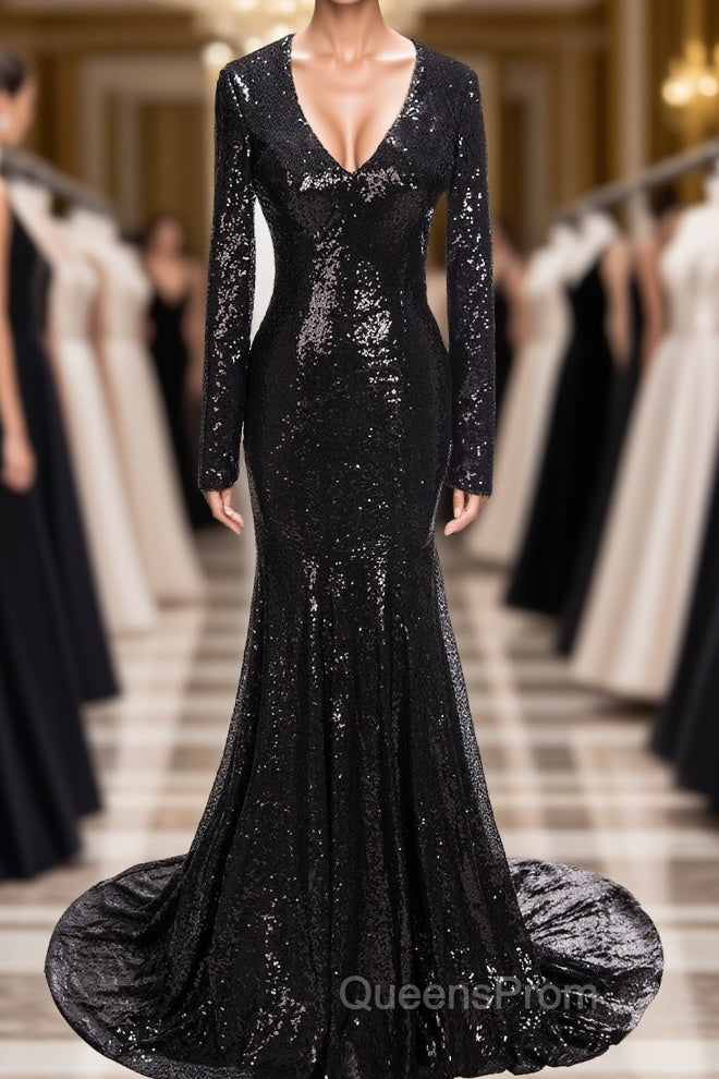 Long Mermaid V-Neck Black Sequins Evening Prom Dress with Sleeves Main image