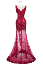 Long Mermaid V-neck Lace Appliques Evening Prom Dress with Slit