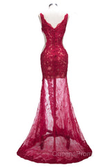 Long Mermaid V-neck Lace Appliques Evening Prom Dress with Slit