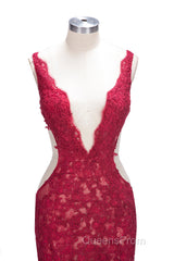 Long Mermaid V-neck Lace Appliques Evening Prom Dress with Slit