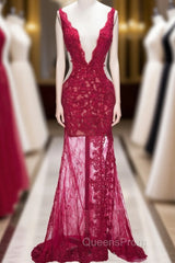 Long Mermaid V-neck Lace Appliques Evening Prom Dress with Slit