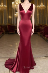 Long Mermaid V Neck Satin Bridesmaid Dress