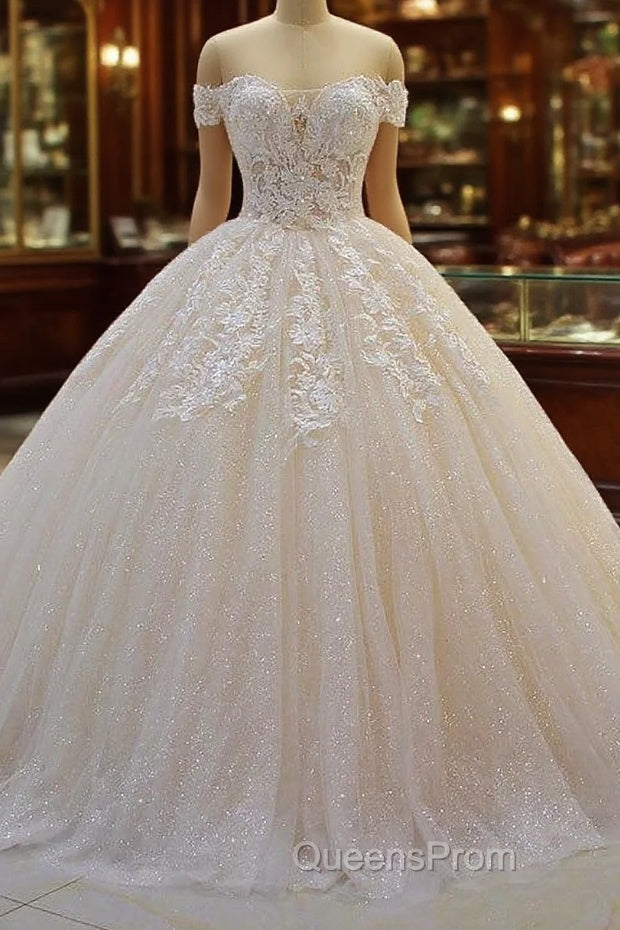 Long Off the Shoulder Sweetheart Ball Gown Sequin Appliques Lace Wedding Dress Main image