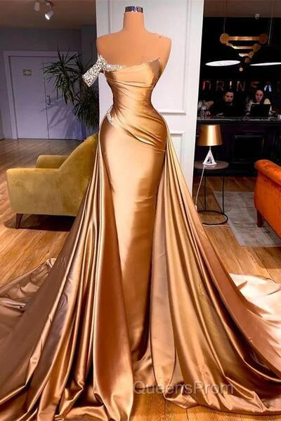 Long One Shoulder Evening Prom Dress Beaded Mermaid Pageants Gowns With Court Train