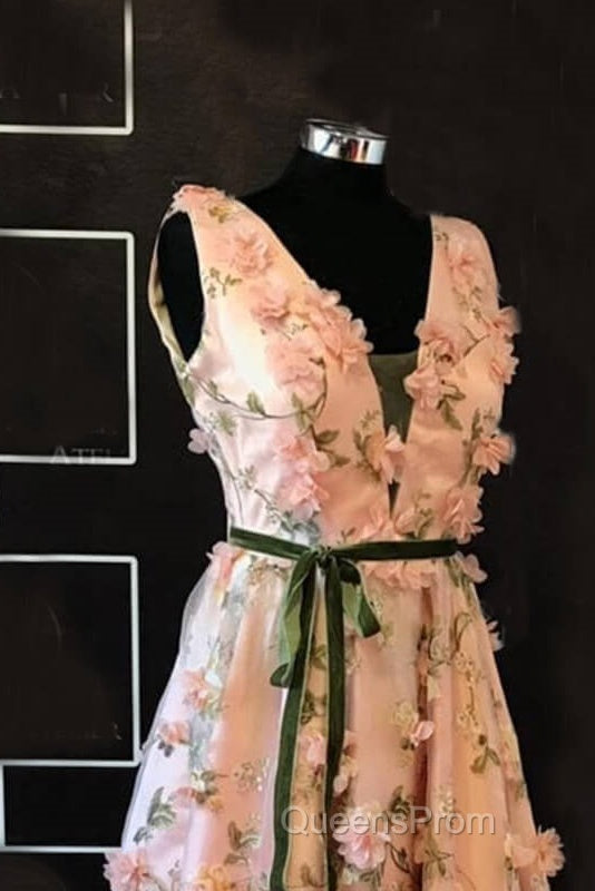 Long Pink 3D Flowers V-Neck Dress