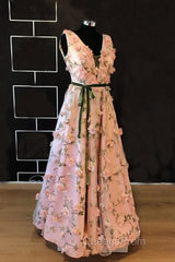 Long Pink 3D Flowers V-Neck Dress