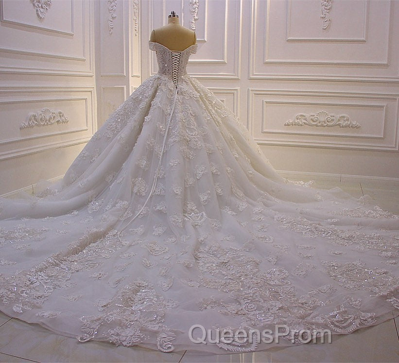 Long Princess Sweetheart Off-the-Shoulder Backless Appliques Lace Ruffles Tulle Wedding Dress Secondary image