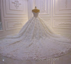Long Princess Sweetheart Off-the-Shoulder Backless Appliques Lace Ruffles Tulle Wedding Dress