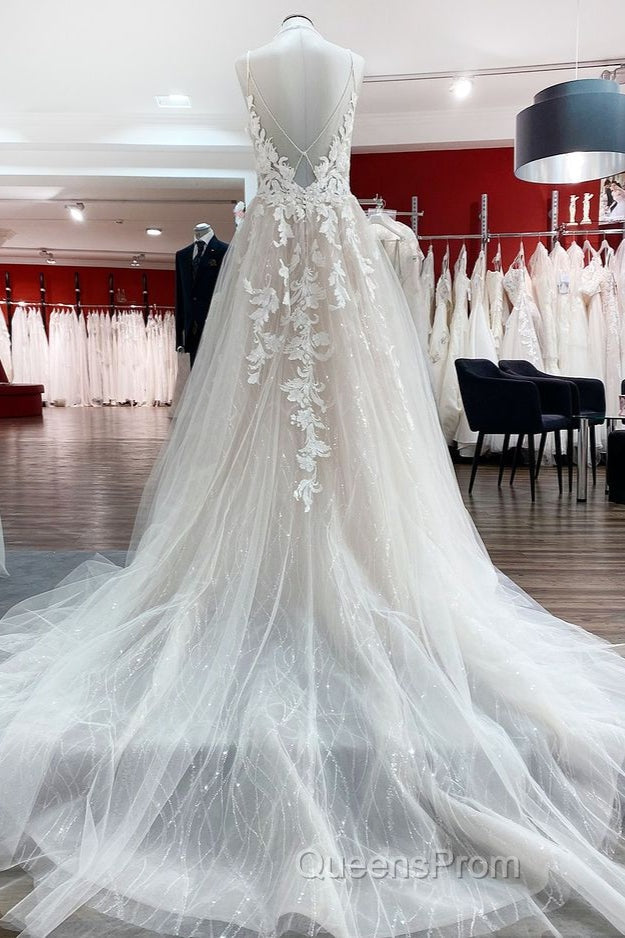 Long Princess Tulle V Neck Sequins Lace Appliques Wedding Dress Secondary image