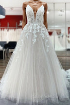 Long Princess Tulle V Neck Sequins Lace Appliques Wedding Dress