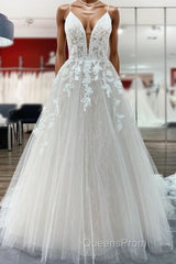 Long Princess Tulle V Neck Sequins Lace Appliques Wedding Dress