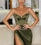 Green/Black New Style Fashion Spaghetti Straps Long Slit Sexy Satin Classy Prom Dress Classy Evening Dress Classy Dress