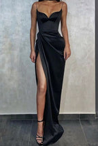 Green/Black New Style Fashion Spaghetti Straps Long Slit Sexy Satin Classy Prom Dress Classy Evening Dress Classy Dress