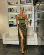 Green/Black New Style Fashion Spaghetti Straps Long Slit Sexy Satin Classy Prom Dress Classy Evening Dress Classy Dress